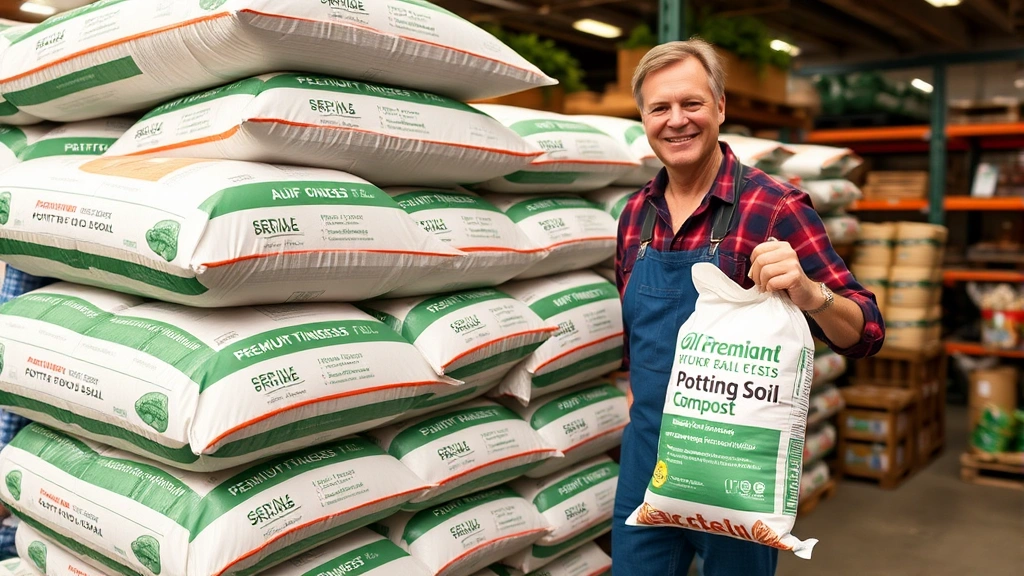 Large stacked bags of premium potting soil and compost in garden center warehouse setting with gardener holding single bag, demonstrating bulk purchasing advantage