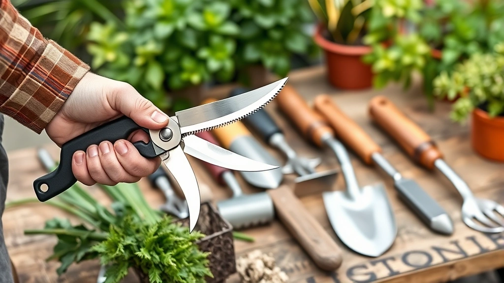 Professional gardener's hand holding quality stainless steel pruning shears next to neatly organized garden tools including spades and trowels on wooden workbench with plants in background