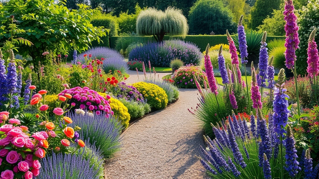 Lush cottage garden in full bloom with mixed perennials, roses, delphiniums, and lavender creating dense, colorful layers with winding gravel pathway lined by flowering plants, morning light