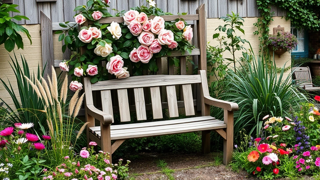 Rustic wooden bench nestled among flowering plants in cottage garden setting with climbing roses on trellis, ornamental grasses, and varied blooms creating intimate seating area surrounded by natural beauty