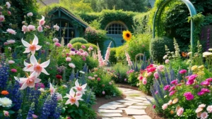 Lush cottage garden overflowing with mixed perennials, roses, and flowering plants in soft pastels and jewel tones, curved stone pathway winding through dense plantings, morning light filtering through foliage, bees and butterflies visiting flowers