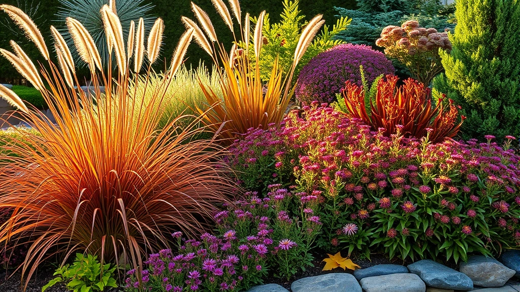 Autumn cottage garden with ornamental grasses, asters, and sedum displaying rich jewel tones, persistent seed heads catching sunlight, evergreen foliage providing structure, stone edging defining garden beds, golden hour light creating warm atmosphere