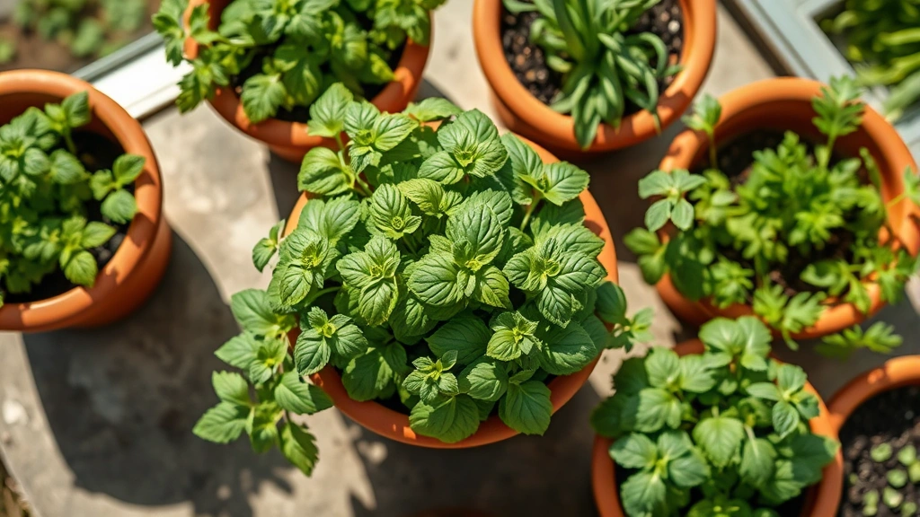 Overhead view of lush herb garden with mint, basil, and parsley in terra cotta pots arranged on sunny patio, fresh green foliage visible