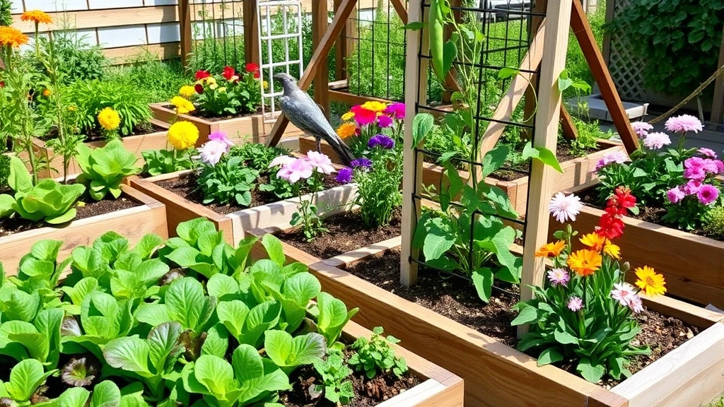 Colorful seasonal vegetable garden in spring with lettuce seedlings, pea shoots on trellis, and blooming companion flowers in raised beds