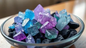 Close-up of vibrant multicolored salt crystals forming on dark charcoal pieces in a shallow glass dish, showing geometric cubic and needle-like formations in blues, purples, and greens under soft indoor lighting