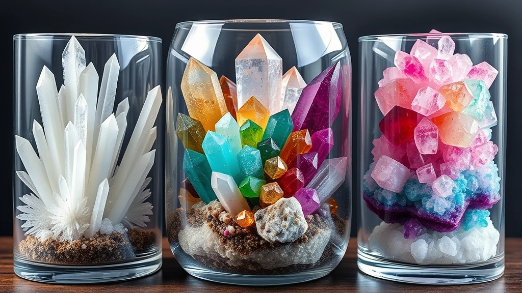 Wide shot of three different crystal garden displays side-by-side in glass containers showing varied crystal formations - one with white needle crystals, one with colored cubic formations, and one with layered rainbow crystal growth patterns