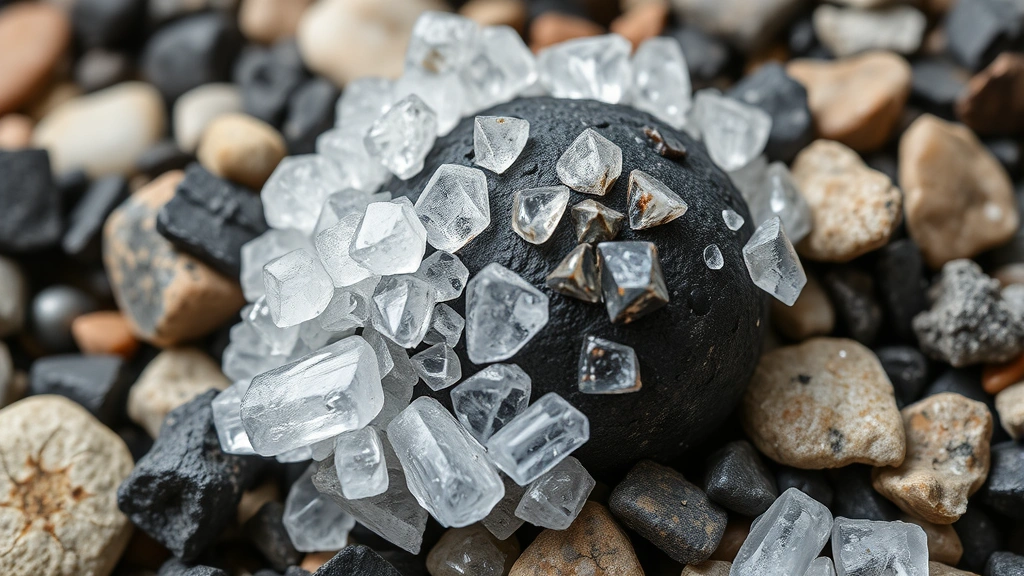 Detailed macro photograph of delicate salt crystals growing around small pebbles and charcoal pieces, displaying intricate geometric patterns and natural crystal lattice structures in clear and colored varieties
