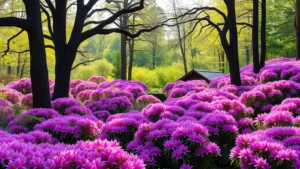 Wide landscape view of Crystal Springs Rhododendron Garden with mature trees, purple and pink rhododendron bushes in full bloom creating colorful masses, natural forest setting, soft spring sunlight filtering through canopy, lush green foliage background