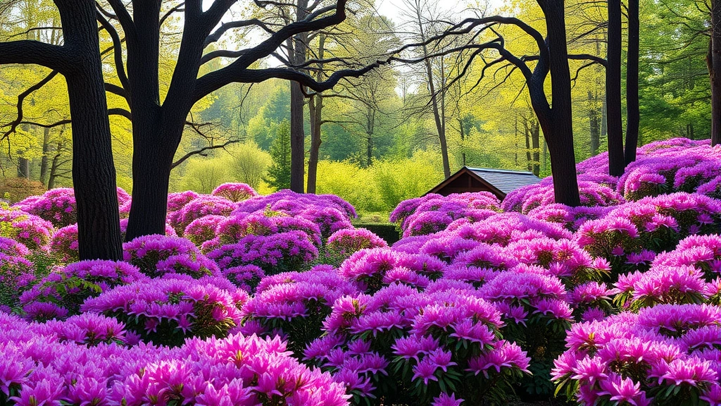 Wide landscape view of Crystal Springs Rhododendron Garden with mature trees, purple and pink rhododendron bushes in full bloom creating colorful masses, natural forest setting, soft spring sunlight filtering through canopy, lush green foliage background