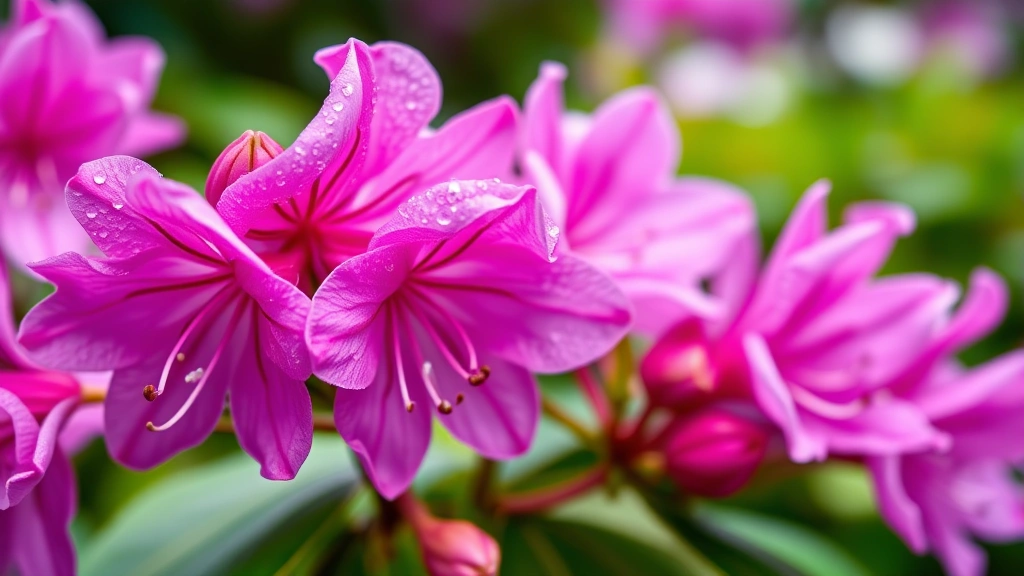 Close-up detail of vibrant purple and magenta rhododendron flowers with delicate stamens visible, fresh morning dew on petals, multiple flower clusters in sharp focus, bokeh of green foliage behind, natural garden setting