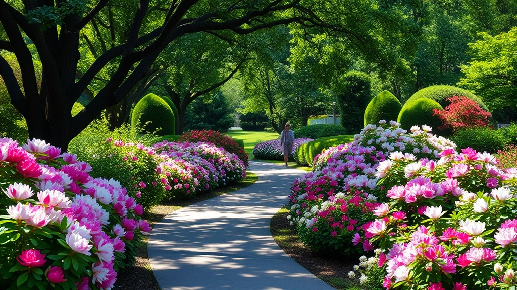 Tranquil garden pathway winding through flowering rhododendrons and azaleas in mixed pink, white, and red tones, mature shade trees overhead creating dappled light patterns on path, peaceful spring garden atmosphere, visitor walking in distance