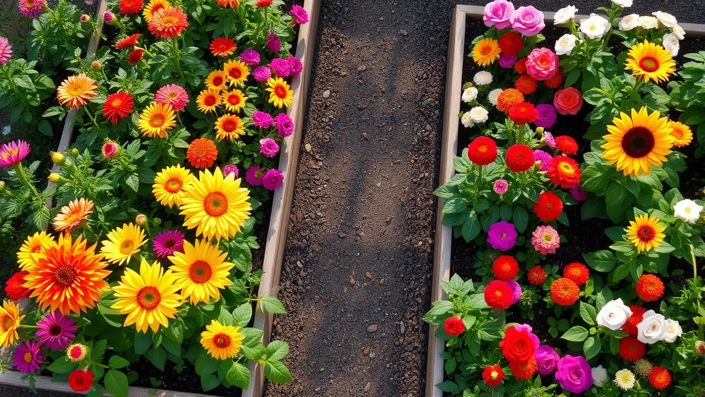 Overhead view of organized raised bed cut flower garden with colorful dahlias, zinnias, sunflowers, and roses in full bloom, morning sunlight, lush green foliage, mulched pathways between beds, professional gardening setup