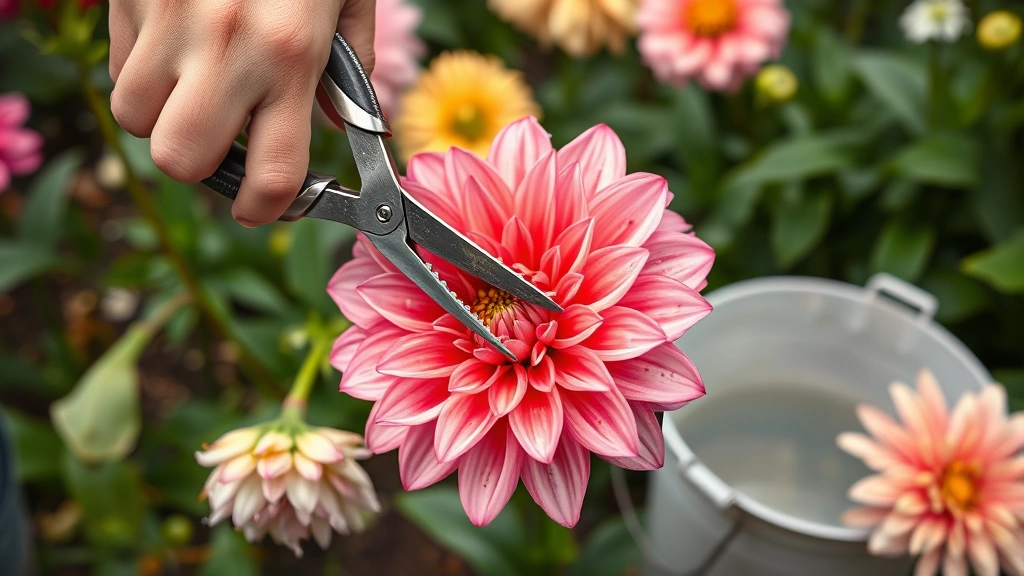 Close-up of florist's hands harvesting fresh dahlia blooms with sharp pruners, 45-degree angle cut, water bucket nearby, morning dew on petals, garden background with more flowers, demonstrating proper technique