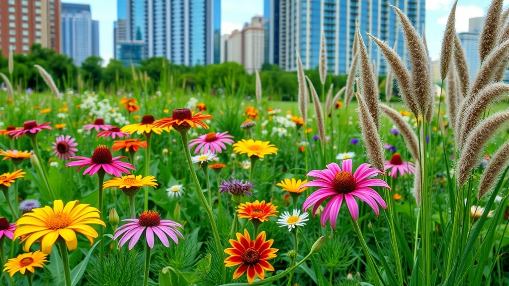 Diverse perennial flowers blooming in a garden city landscape with urban buildings in background, showing coneflowers, daylilies, and ornamental grasses in full color