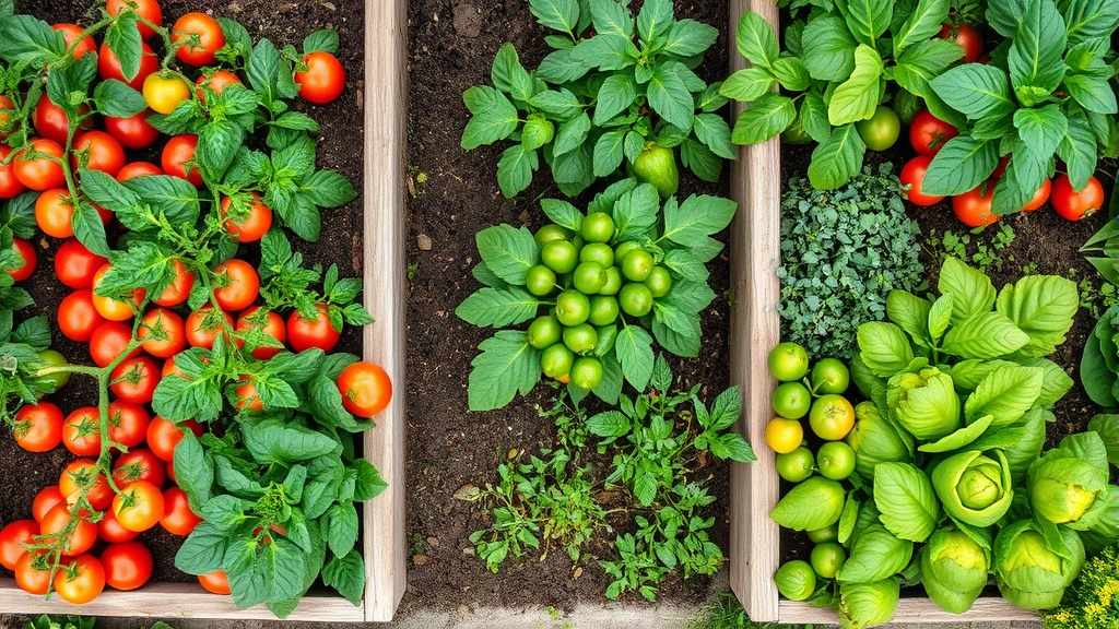 Overhead view of a lush vegetable garden with raised beds containing tomatoes, peppers, lettuce, and herbs in various stages of growth