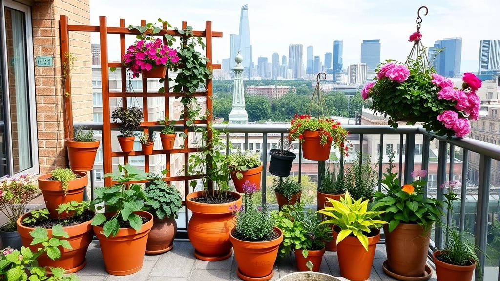 Container garden on urban balcony with terracotta pots, climbing vines on trellis, hanging baskets, and flowering plants with city skyline visible