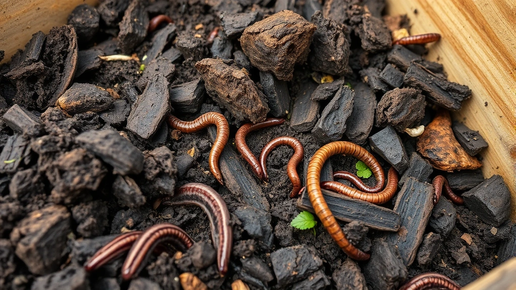 Close-up of aged, dark brown cow manure with visible earthworms and decomposing plant material in a wooden compost bin during spring season