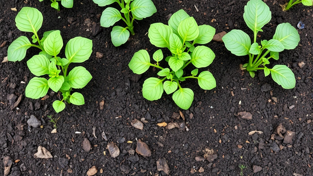 Well-established garden bed with rich dark composted manure, showing healthy vegetable plants with vibrant green foliage and visible soil organisms