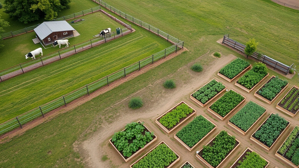 Overhead view of a pastoral homestead with fenced cow pasture adjacent to organized raised garden beds with multiple crop varieties in full growth