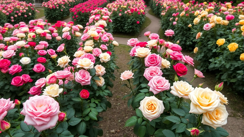 Lush rose garden with hundreds of blooming roses in multiple colors, organized garden beds with pathways, abundant green foliage, peak bloom season