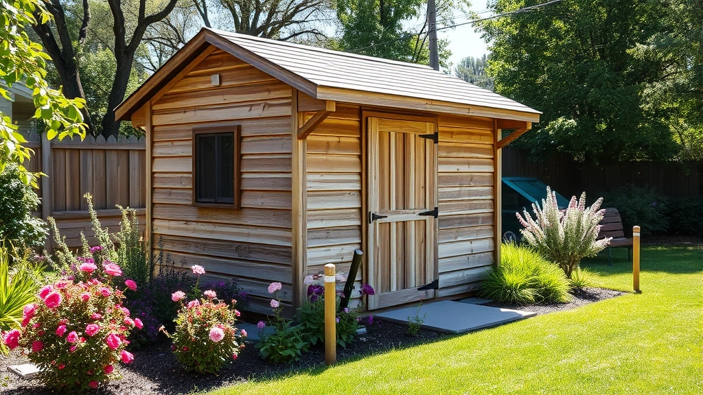 Wooden garden shed with weathered siding situated in a sunny backyard garden, surrounded by mature flowering plants and green lawn, showing proper setback from property line markers