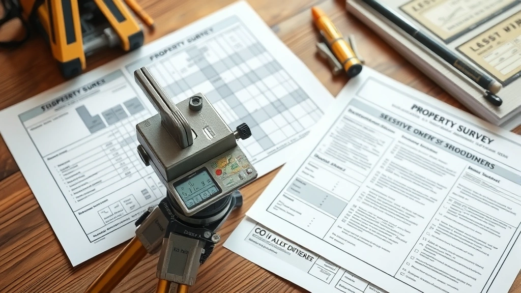 Close-up of a surveyor's transit and property survey documents spread on a wooden table with a property deed and measuring tools nearby