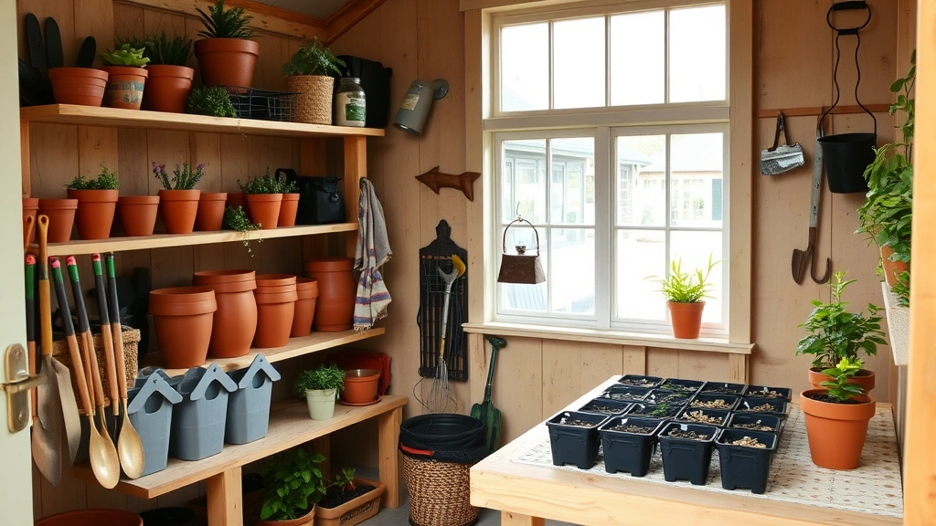 Cozy garden shed interior with organized shelving holding terracotta pots, gardening tools, seed storage containers, and a potting bench with natural light from windows