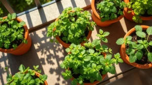 Overhead view of lush cilantro and mint plants growing in clay pots on a sunny patio, morning sunlight casting shadows on green foliage, photorealistic detail