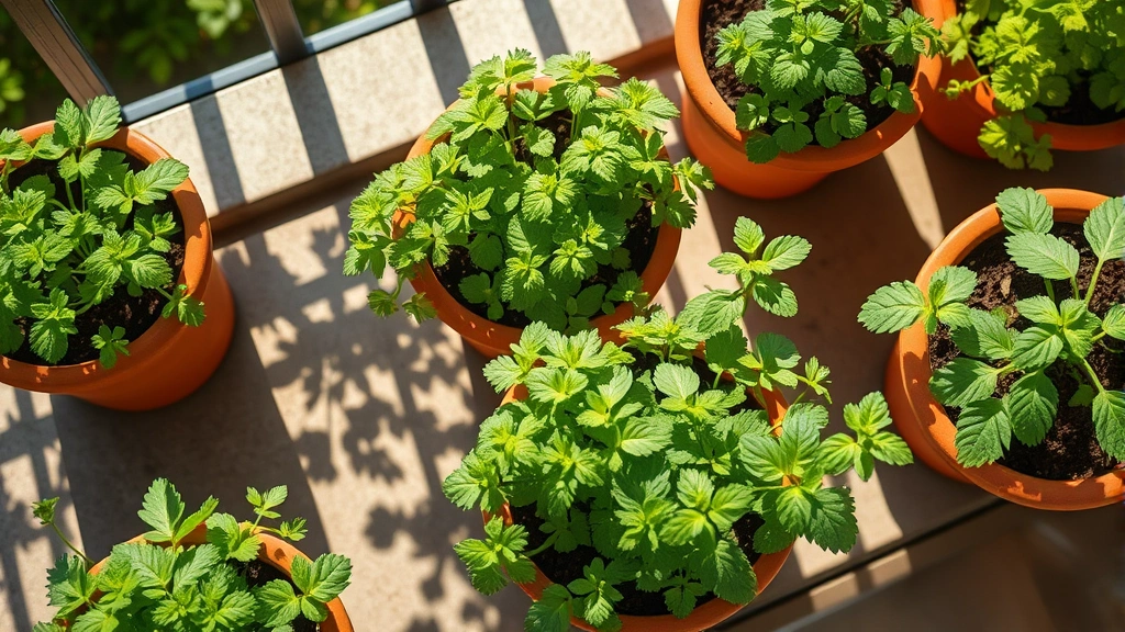 Overhead view of lush cilantro and mint plants growing in clay pots on a sunny patio, morning sunlight casting shadows on green foliage, photorealistic detail