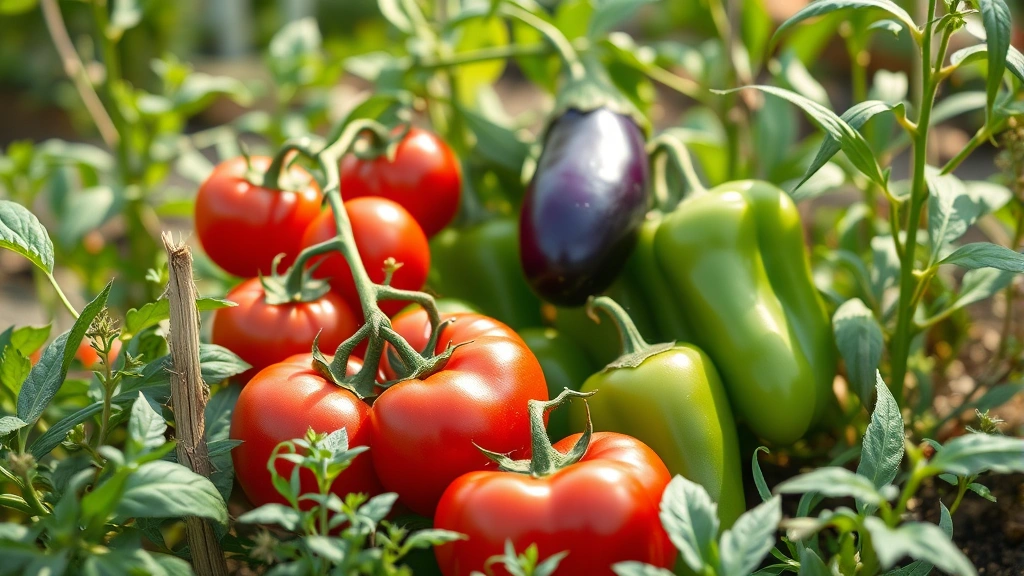 Indian cooking garden bed with ripe red tomatoes, fresh green peppers, and purple eggplants growing together among herbs, vibrant summer afternoon light, photorealistic