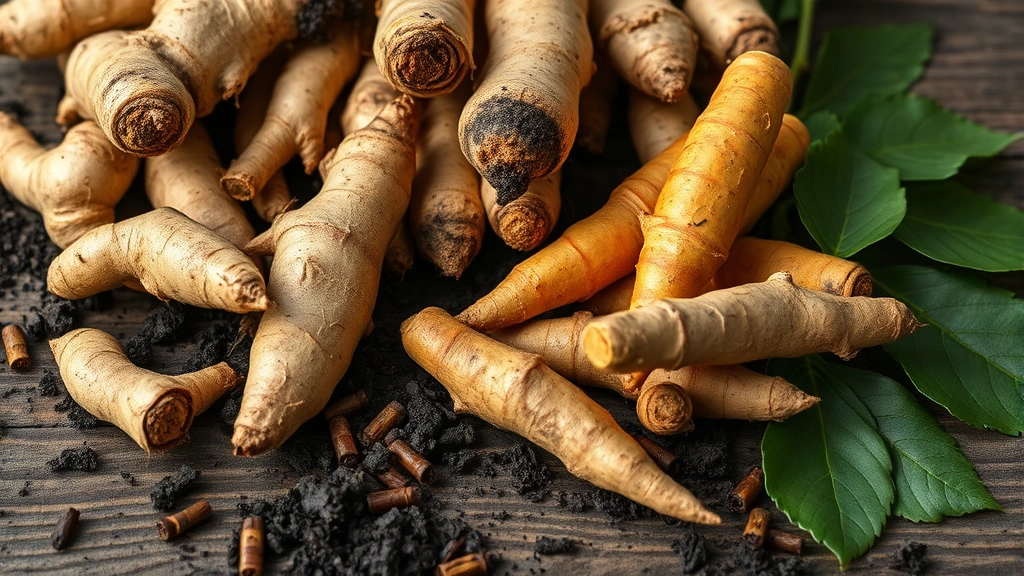 Close-up of ginger rhizomes and turmeric roots freshly harvested from dark soil, scattered on wooden surface with green leaves visible, natural daylight, photorealistic