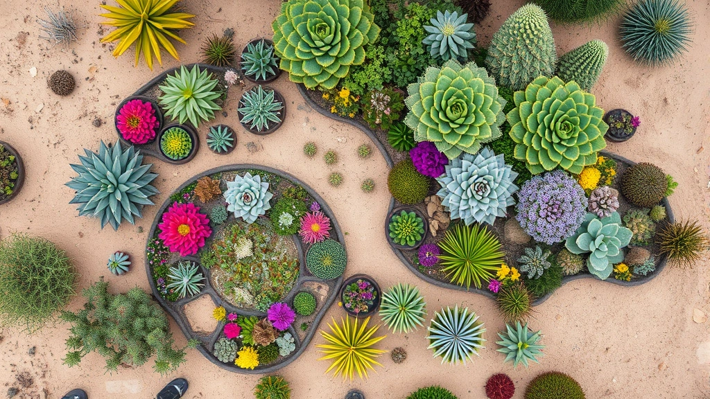 Aerial view of lush desert garden with native succulents, colorful flowering shrubs, and shade structures creating multiple microclimates in sandy soil landscape.