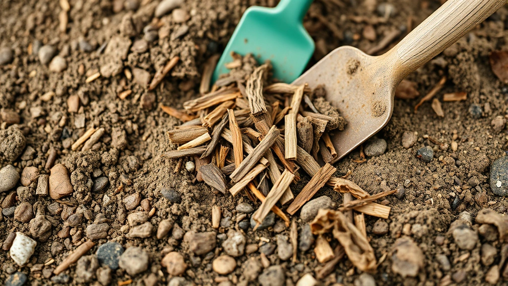 Close-up of desert soil being amended with compost and mulch, showing organic material being worked into native alkaline earth with gardening tools.