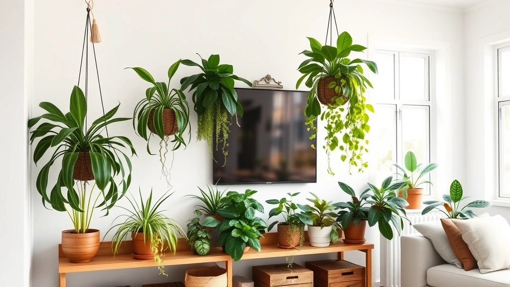 Lush indoor potted plants arranged on wooden shelves in bright living room, spider plants and pothos cascading from hanging baskets, natural sunlight streaming through windows, modern minimalist home interior design