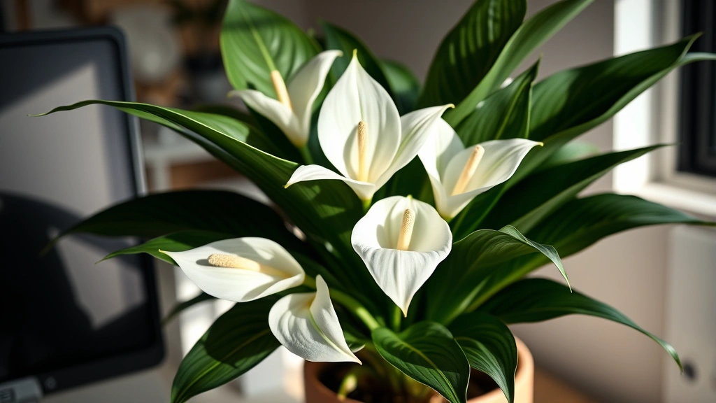 Close-up of peace lily white flowers blooming among dark green foliage, tropical plant in ceramic pot on desk, soft natural light highlighting elegant spathe blooms, professional office environment