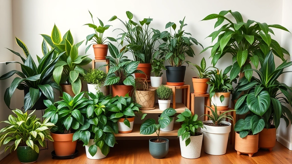 Collection of diverse houseplants including snake plant, pothos, and spider plant displayed together on plant stand, various pot sizes and styles, abundant green foliage creating natural indoor garden, wooden floor and neutral walls