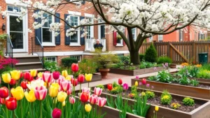 Vibrant spring garden in Washington DC townhouse with blooming tulips, cherry blossoms overhead, and raised beds preparing for warm-season planting