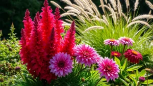 Dramatic red and purple flowering plants including celosia and dahlias clustered together in a lush garden bed with ornamental grasses swaying in background, sunlit natural lighting