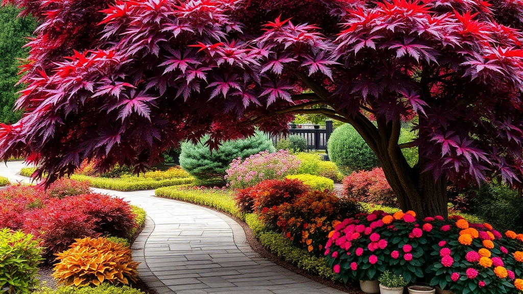 Japanese maple tree with deep burgundy foliage creating elegant canopy over a curved stone pathway bordered by colorful coleus plants and flowering snapdragons in vibrant reds and oranges