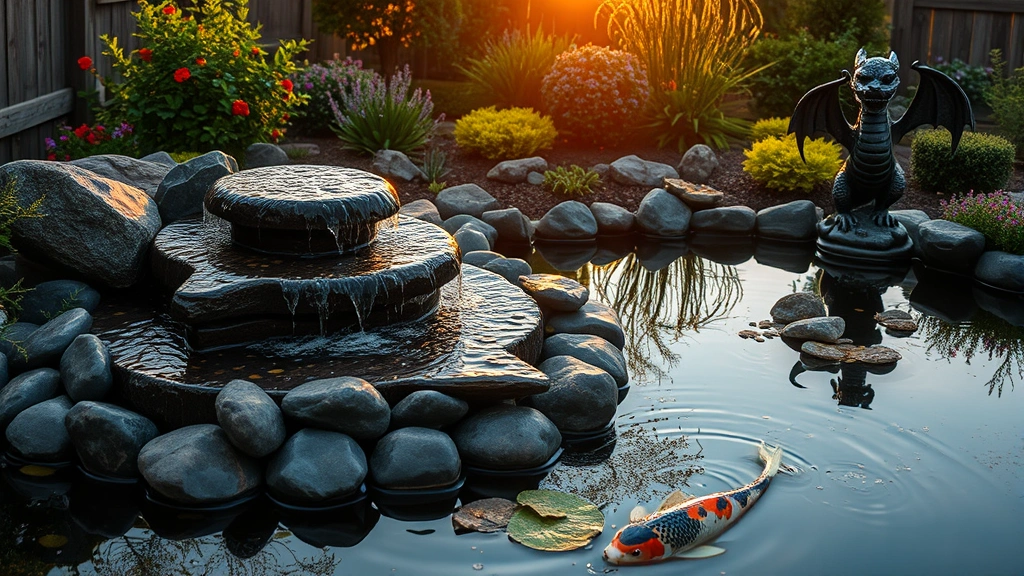 Ornamental water feature with cascading fountain surrounded by dark river stones, koi pond reflection, and dragon statue sculpture positioned at garden's focal point during golden hour lighting