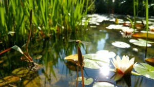 Crystal-clear garden pond with cattails and water lilies, dragonfly perched on emergent plant stem, morning sunlight reflecting on water surface, natural wetland garden setting