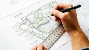 Landscape architect sketching garden design on graph paper with ruler and measurements, showing detailed landscape drawing with trees, pathways, and planting zones