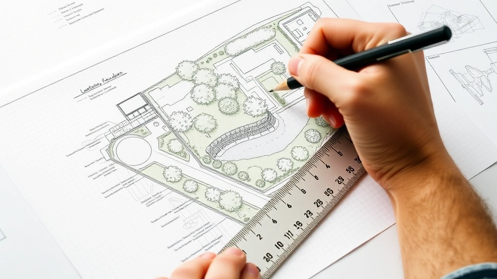 Landscape architect sketching garden design on graph paper with ruler and measurements, showing detailed landscape drawing with trees, pathways, and planting zones