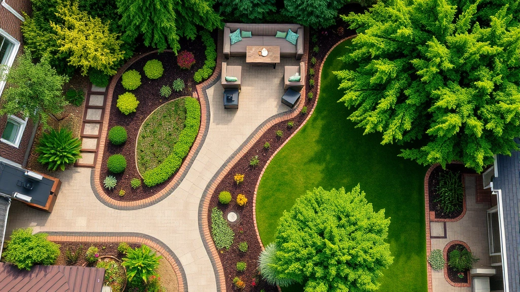 Bird's eye view of a beautifully designed residential garden showing pathways, planting beds, seating areas, and mature trees creating distinct functional zones