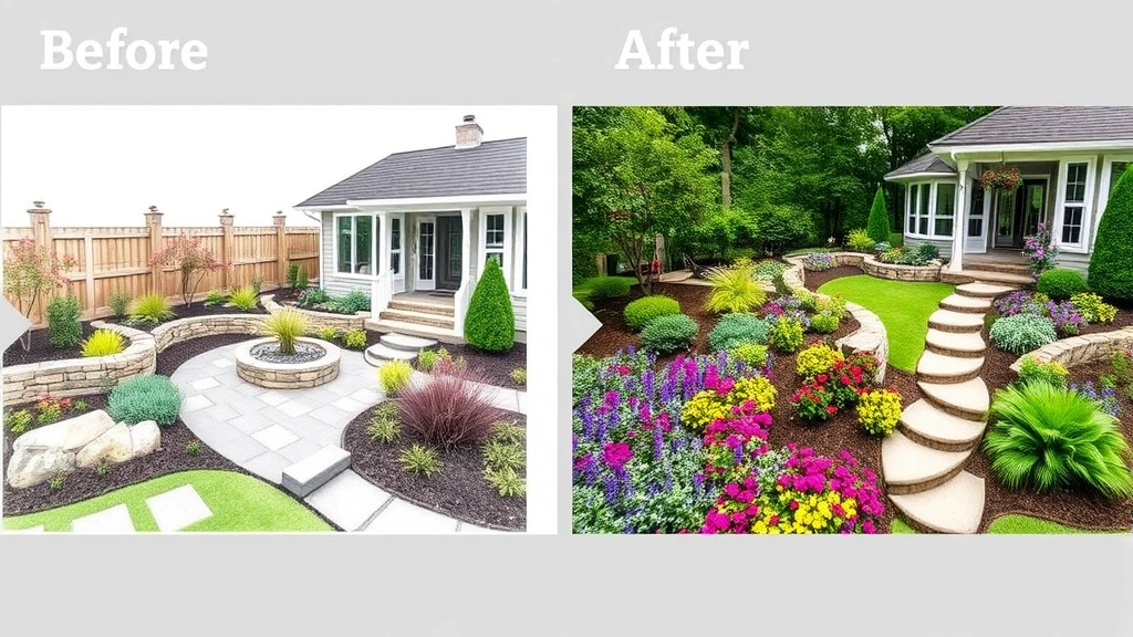Professional garden design drawing transitioning into reality, showing before and after of a transformed backyard with hardscape elements, specimen plants, and colorful perennial borders