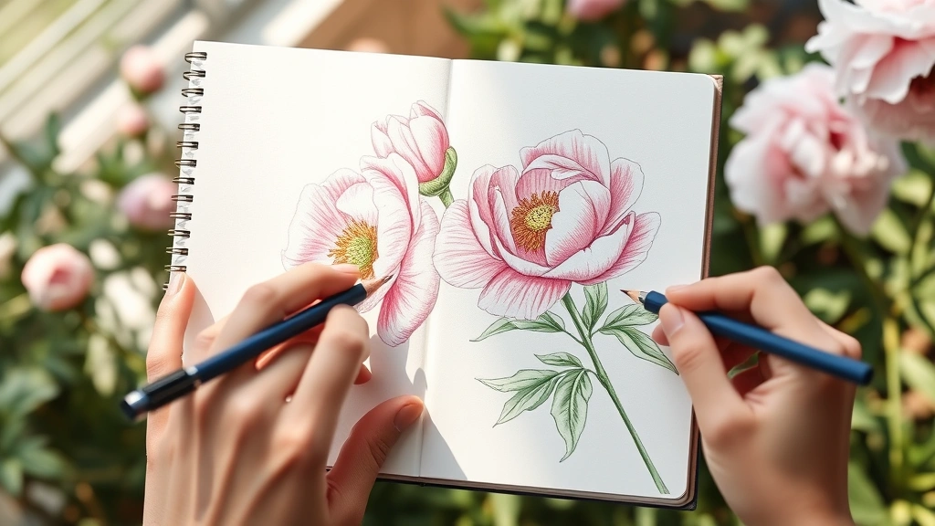 Artist's hand holding graphite pencil sketching delicate peony flowers in a garden notebook, morning light illuminating pink petals and green leaves