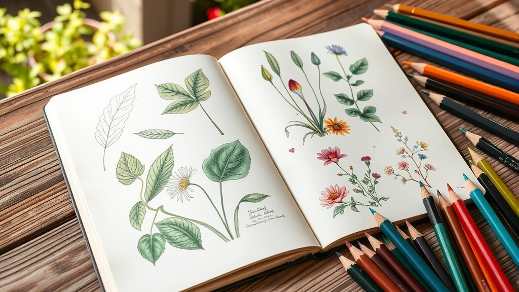 Detailed garden sketchbook open on a wooden table surrounded by colored pencils, showing botanical drawings of various plant leaves and flower studies with natural background