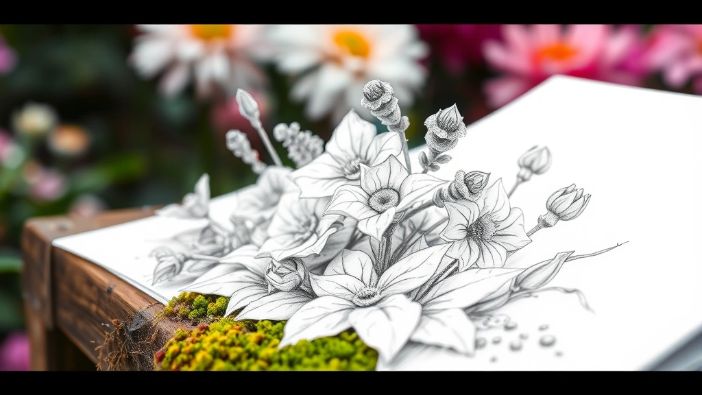 Close-up of completed garden sketch showing intricate pencil rendering of flowering perennial plants with dimensional shading, placed on moss-covered garden bench with blurred blooms behind