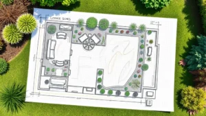 Bird's eye view of a detailed garden blueprint sketch on graph paper with colored pencil markings showing planting zones, pathways, and hardscaping elements in a sunny outdoor setting
