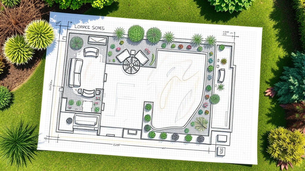 Bird's eye view of a detailed garden blueprint sketch on graph paper with colored pencil markings showing planting zones, pathways, and hardscaping elements in a sunny outdoor setting